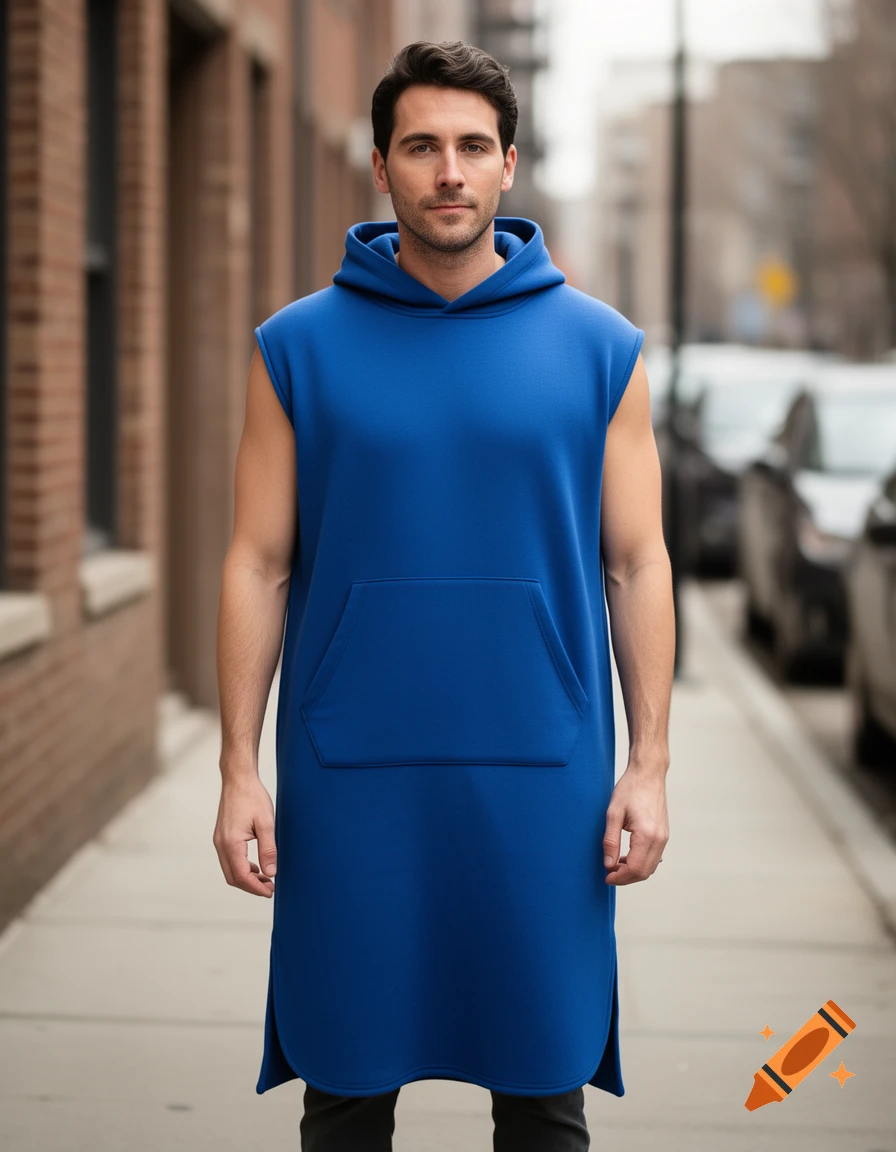 Photorealistic shot of a man wearing a royal blue sleeveless pullover hoodie and knee-length garment, standing on a city sidewalk.