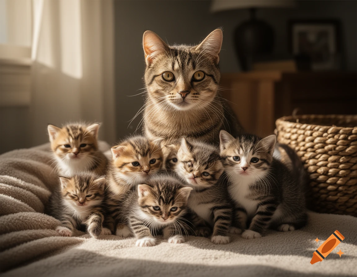 An adult tabby cat surrounded by a litter of fluffy kittens resting on a soft blanket.