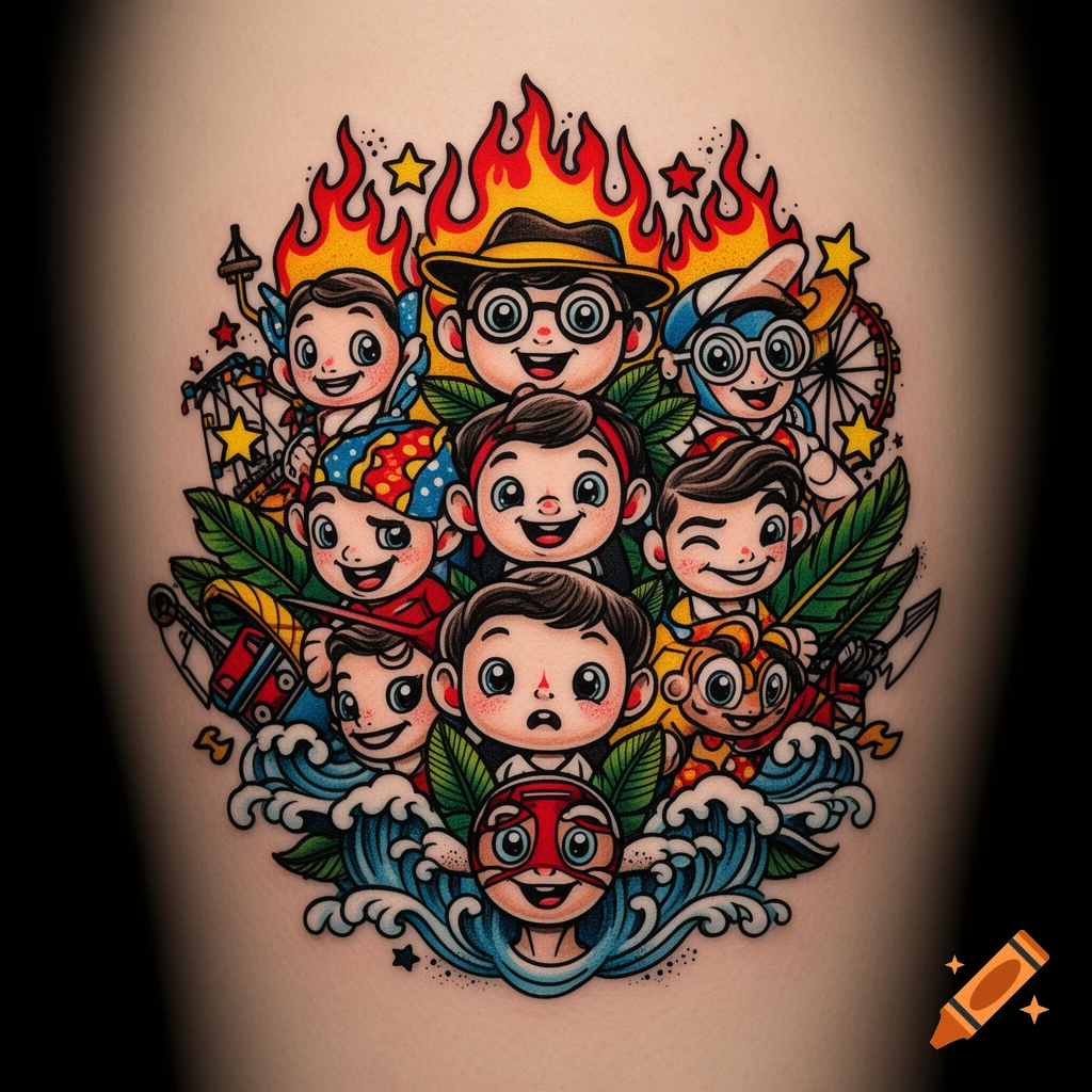 Colorful tattoo design featuring a cluster of smiling cartoon characters with flames and waves, in a neo-traditional style.