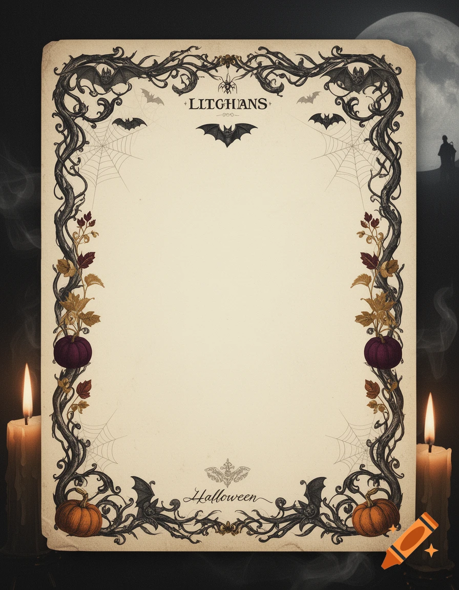 Vintage Halloween stationary page with intricate dark botanical border, bats, pumpkins, and candles on sides.