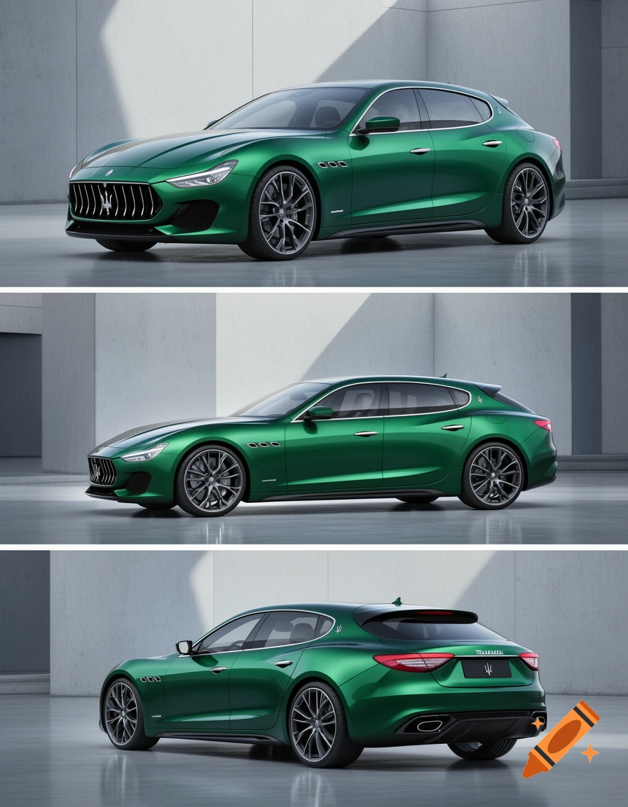 Photorealistic composite view of a futuristic green Maserati shooting brake car from front, side, and rear angles in a minimalist studio.