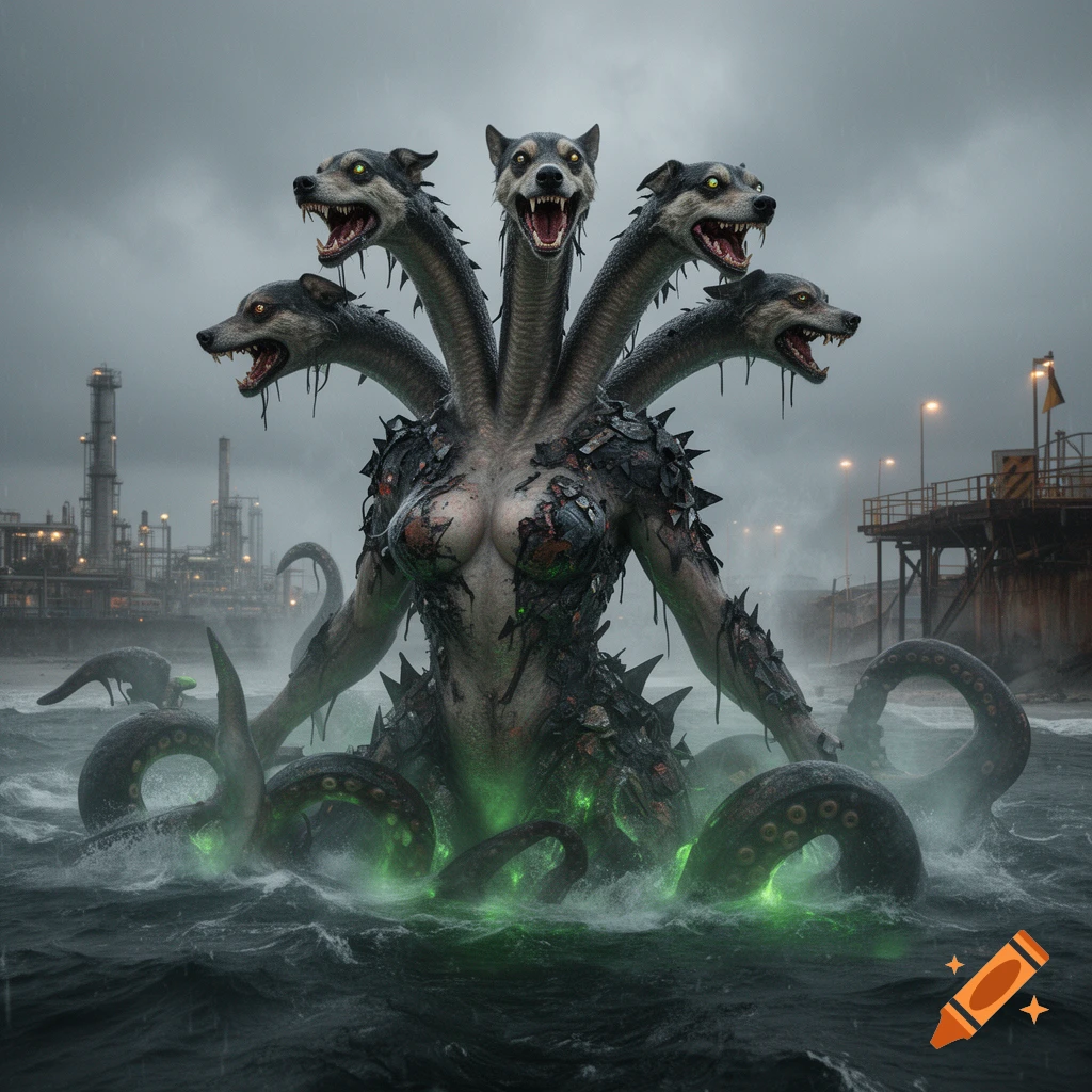 Photorealistic depiction of Scylla with a woman's torso, multiple wolf heads, and octopus tentacles rising from a turbulent sea.
