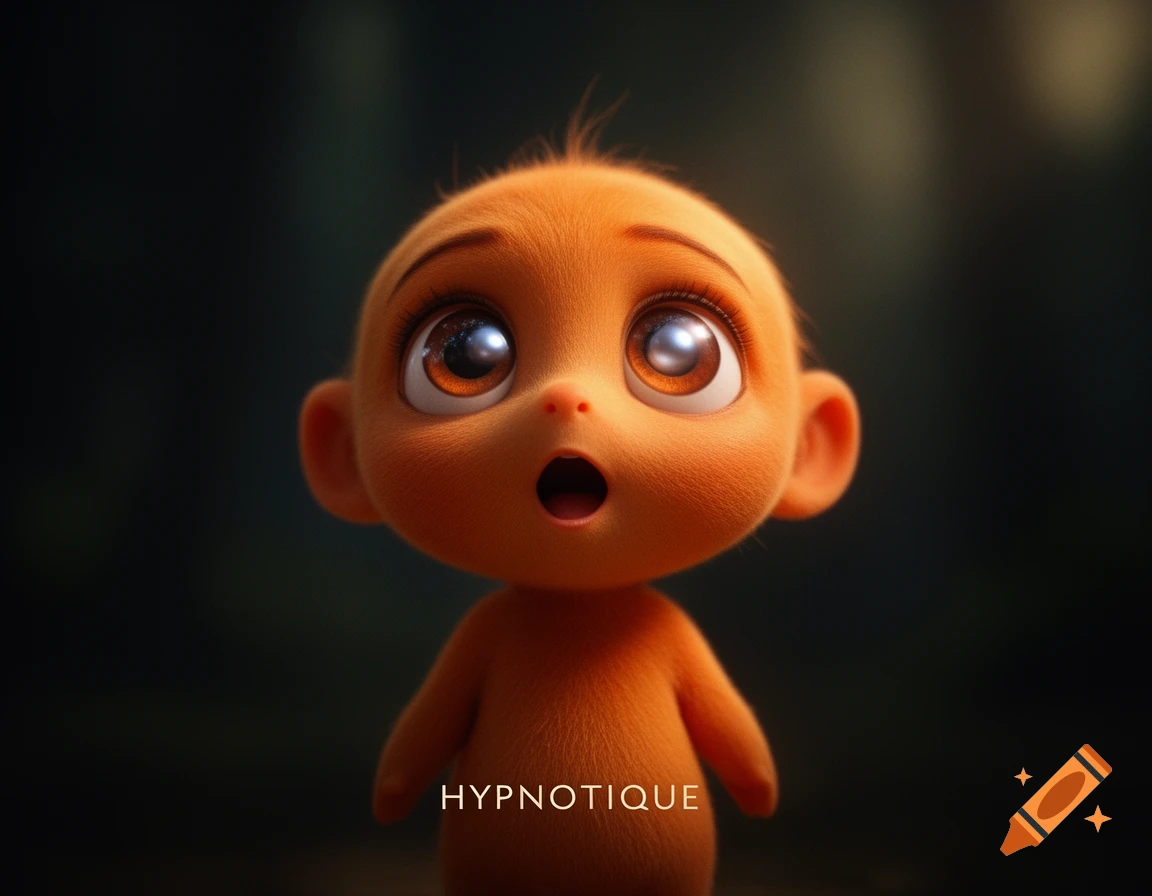 A 3D render of a cute, fuzzy orange creature with large reflective eyes and an open mouth, centered against a dark background.