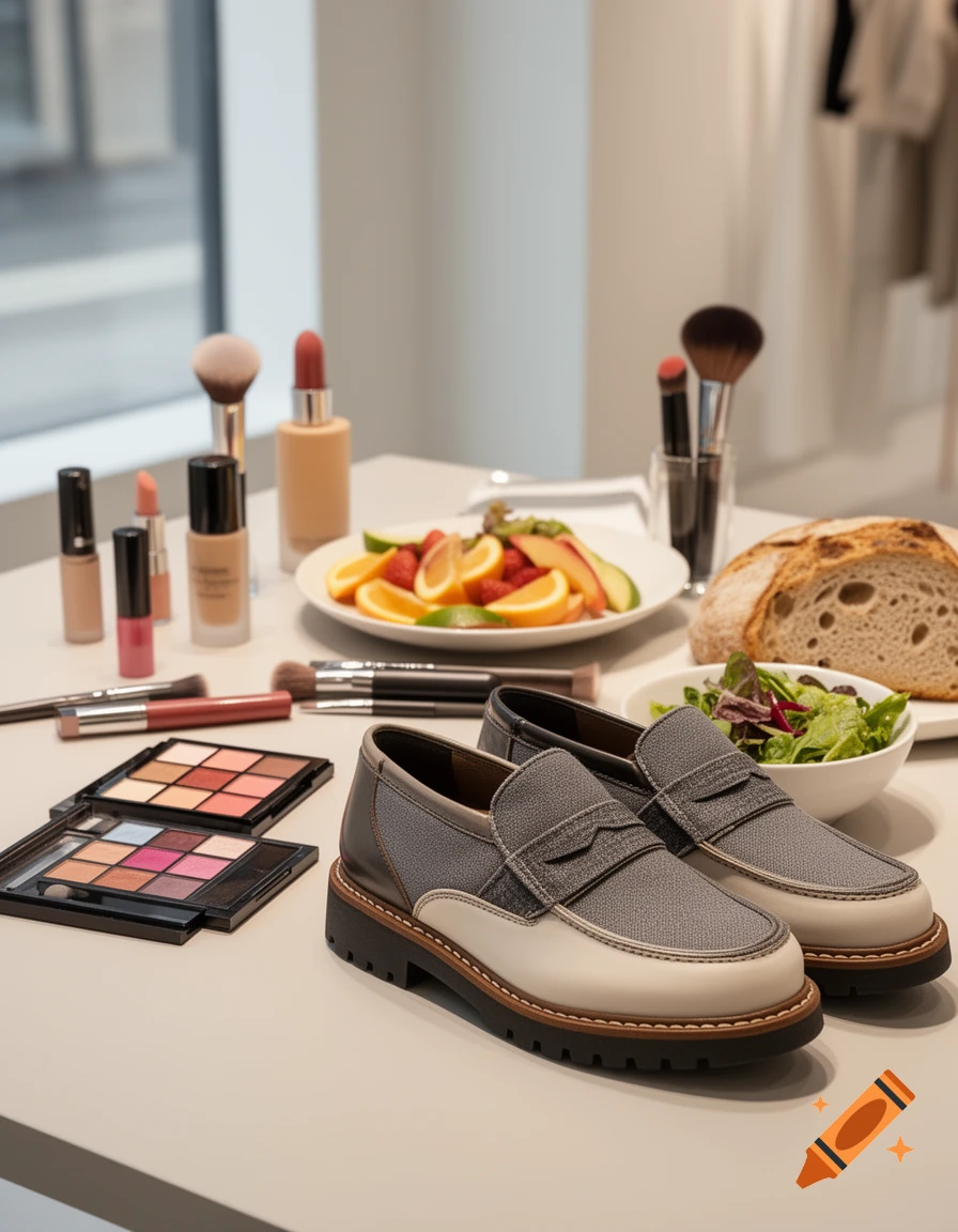 Photorealistic still life arrangement on a white table featuring a pair of grey and white loafers, cosmetics, and a bowl of fruit and salad.