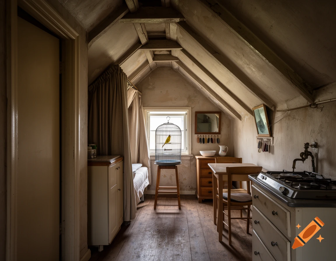 Photorealistic image of a narrow, sloped-ceiling attic room with wooden floors, a birdcage with a yellow bird, and rustic furniture.
