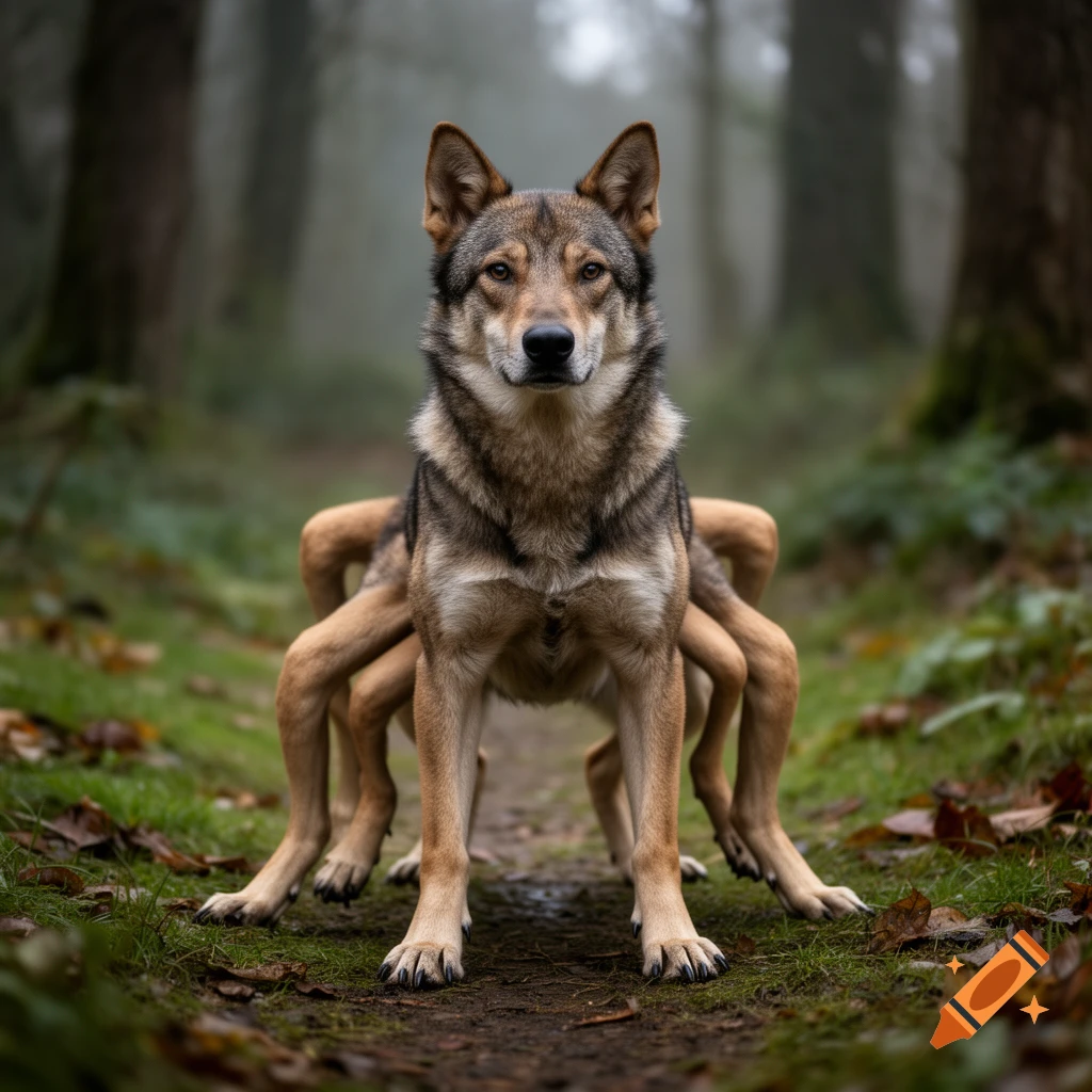 Photorealistic wolf with eight legs standing in a foggy forest path.
