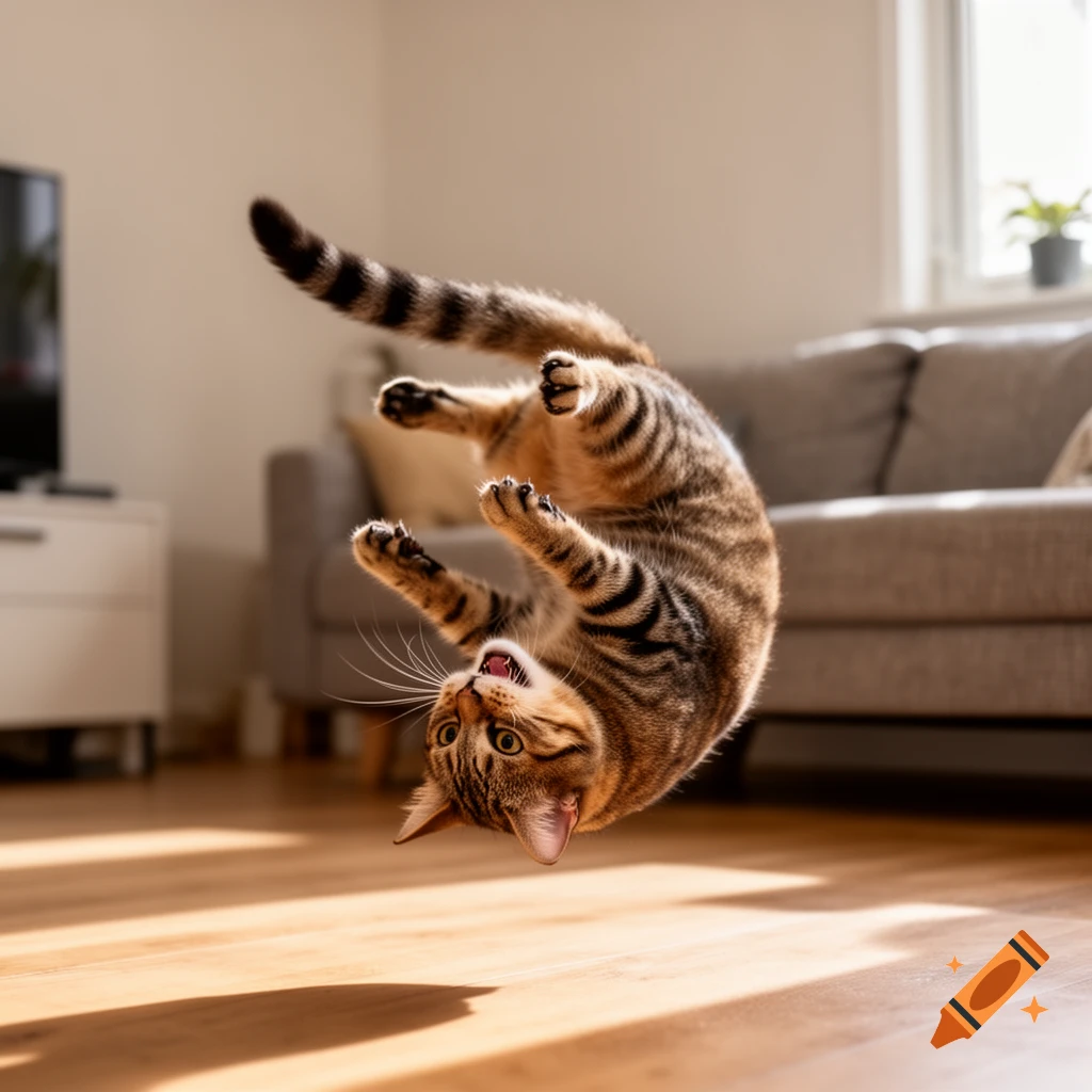 Photorealistic image of a tabby cat doing a mid-air backflip inside a living room.
