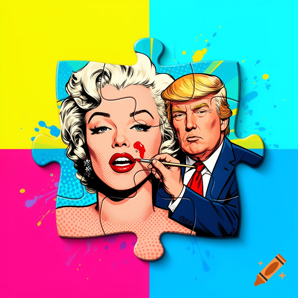 Pop art puzzle piece depicting Donald Trump applying red lipstick to Marilyn Monroe against a colorful four-quadrant background.