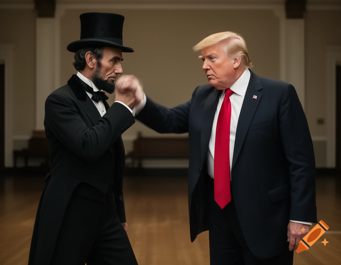 Photorealistic image of Abraham Lincoln in a top hat punching Donald Trump in a suit inside a hall.