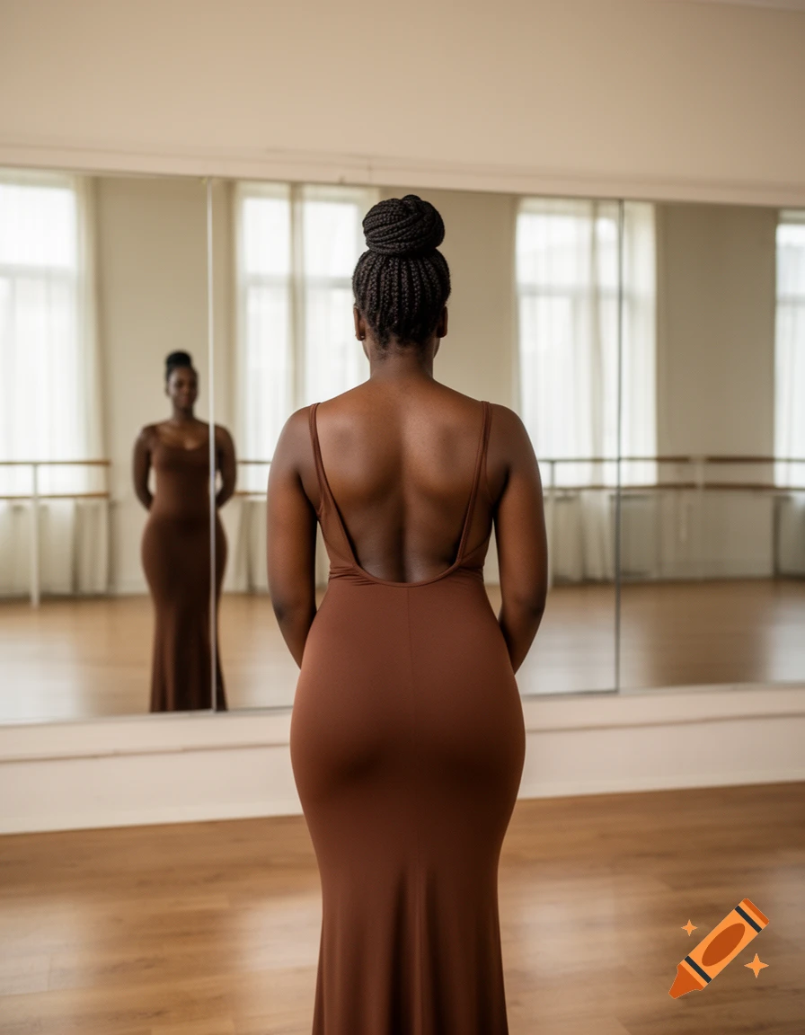 Photorealistic rear view of a Black woman with braided hair in a bun, wearing a brown bodycon dress with an open back, standing in a dance studio with a large mirror.