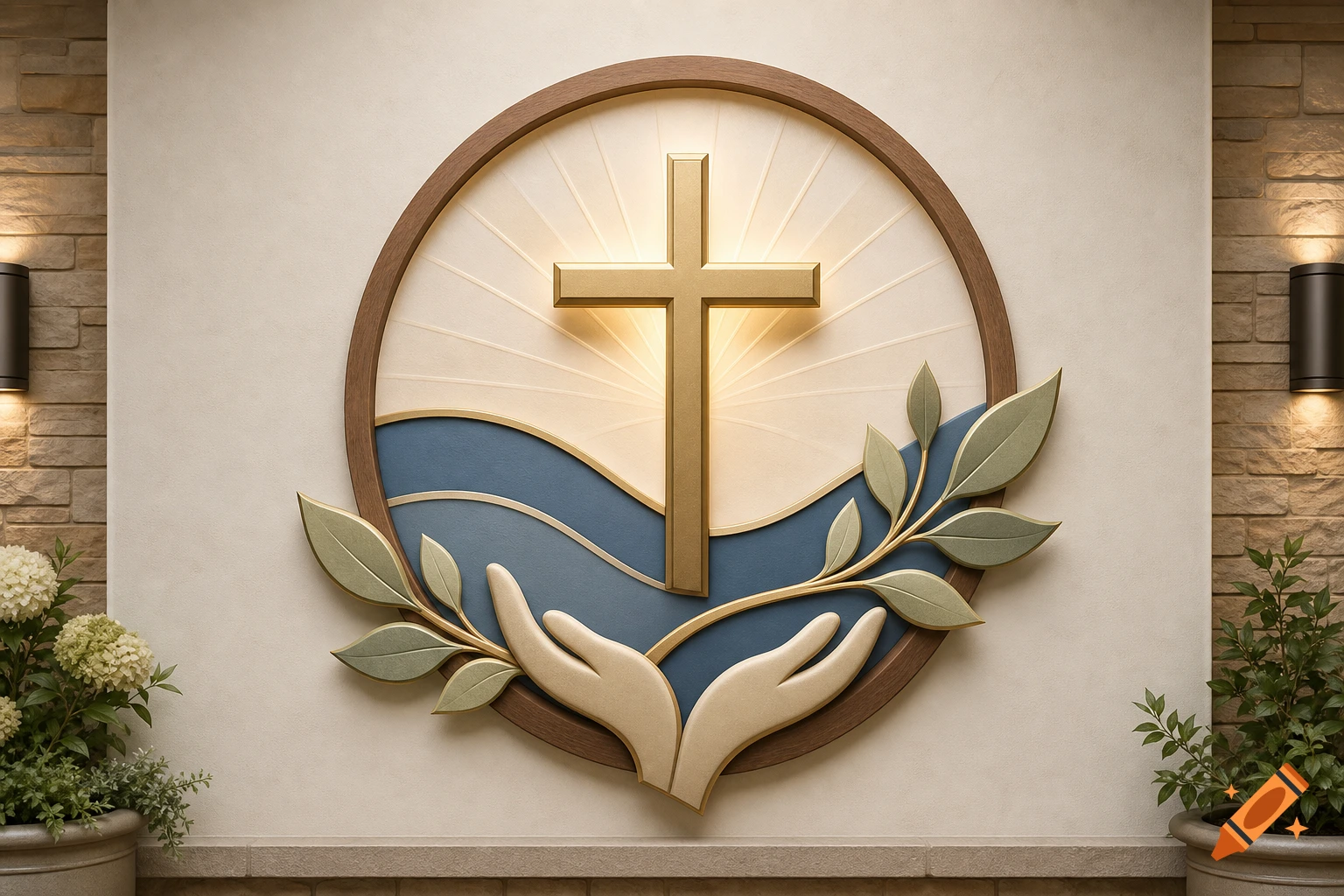 Wooden wall art featuring a gold cross, blue wave design, and leaves held by hands, flanked by stone walls and potted plants.