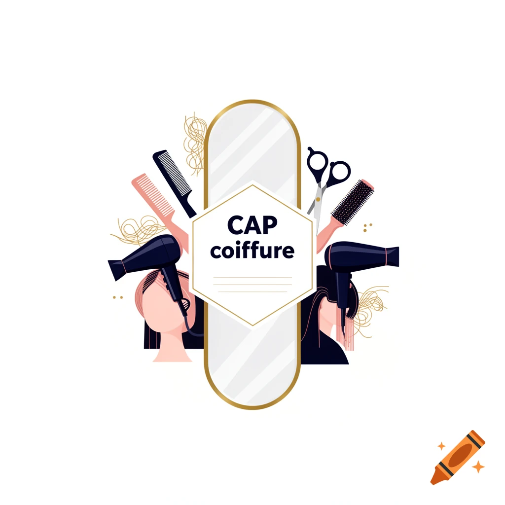 Vector illustration for a hair salon featuring a mirror, hairdressing tools, and stylized heads.