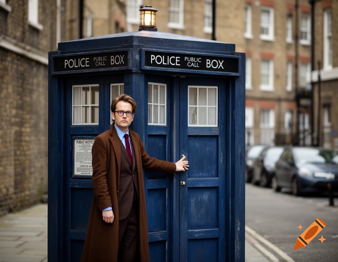 A man in a brown coat and suit standing beside a blue police box TARDIS on a London street.
