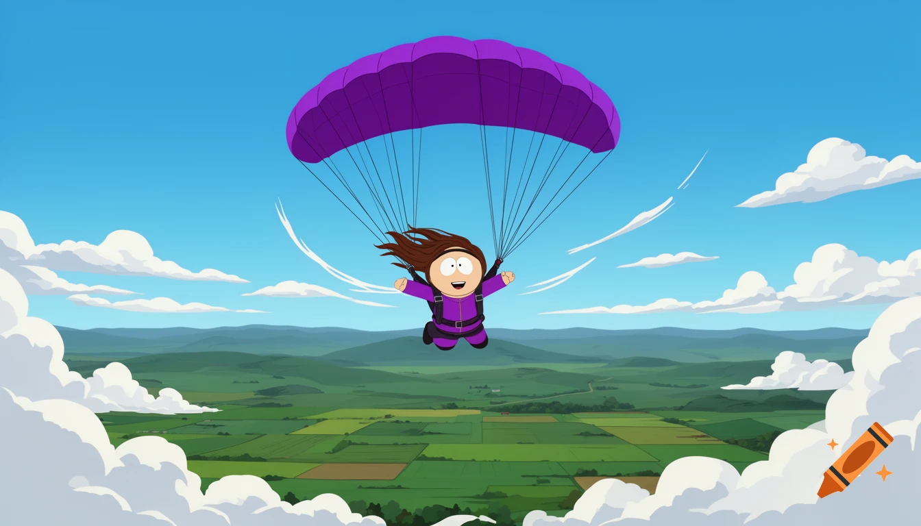 Wendy Testaburger from South Park skydiving with a purple parachute over a green landscape, cartoon style.
