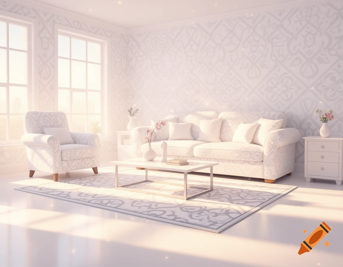 Cartoon living room with a white patterned sofa, armchair, coffee table, and large windows with bright sunlight.