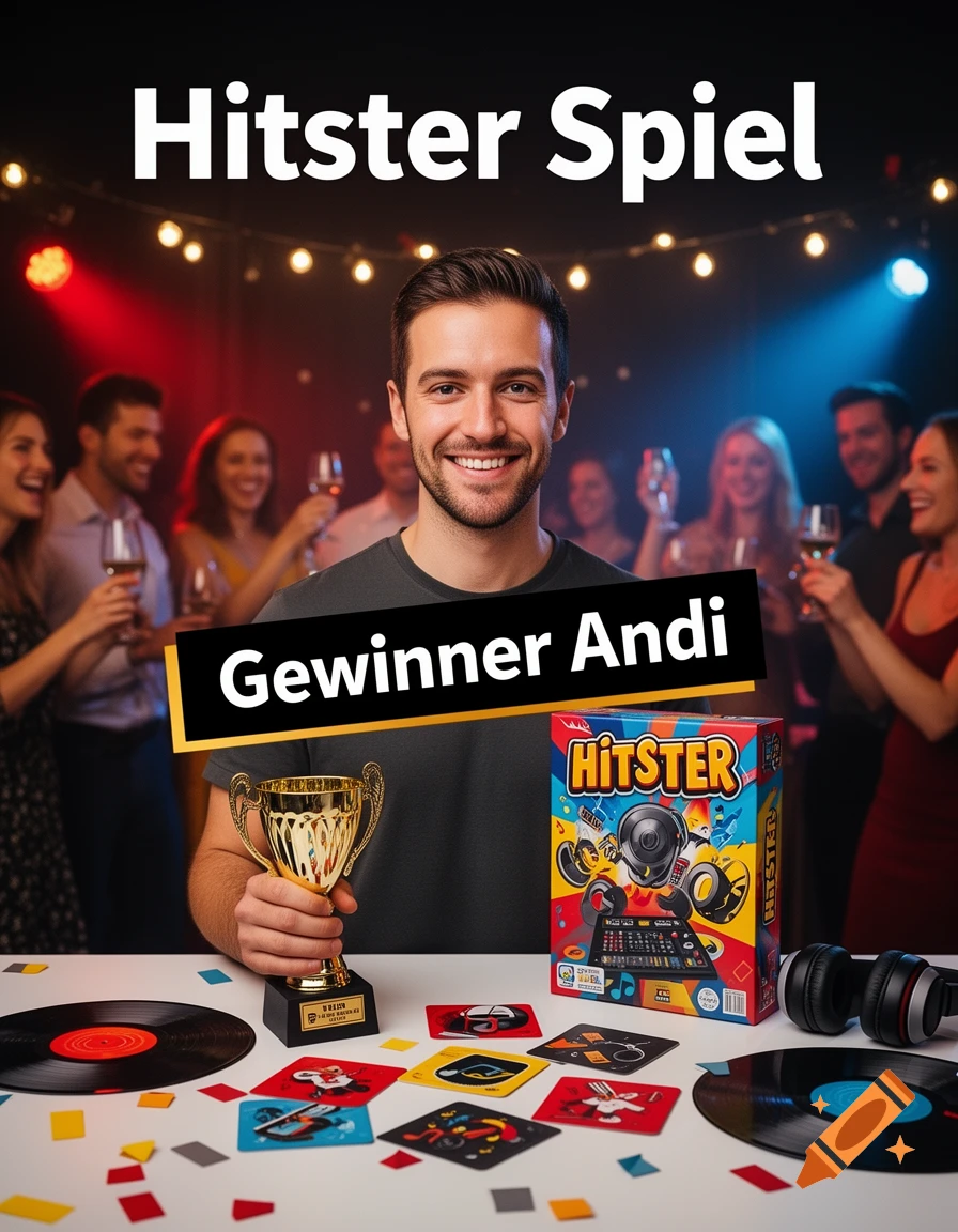 A smiling man holding a trophy next to a Hitster board game box, with friends celebrating in the background.