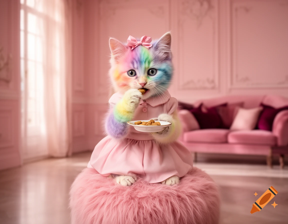 A pastel rainbow kitten wearing a pink dress and bow, sitting on a pink fluffy stool and eating treats in a dreamy pink room.