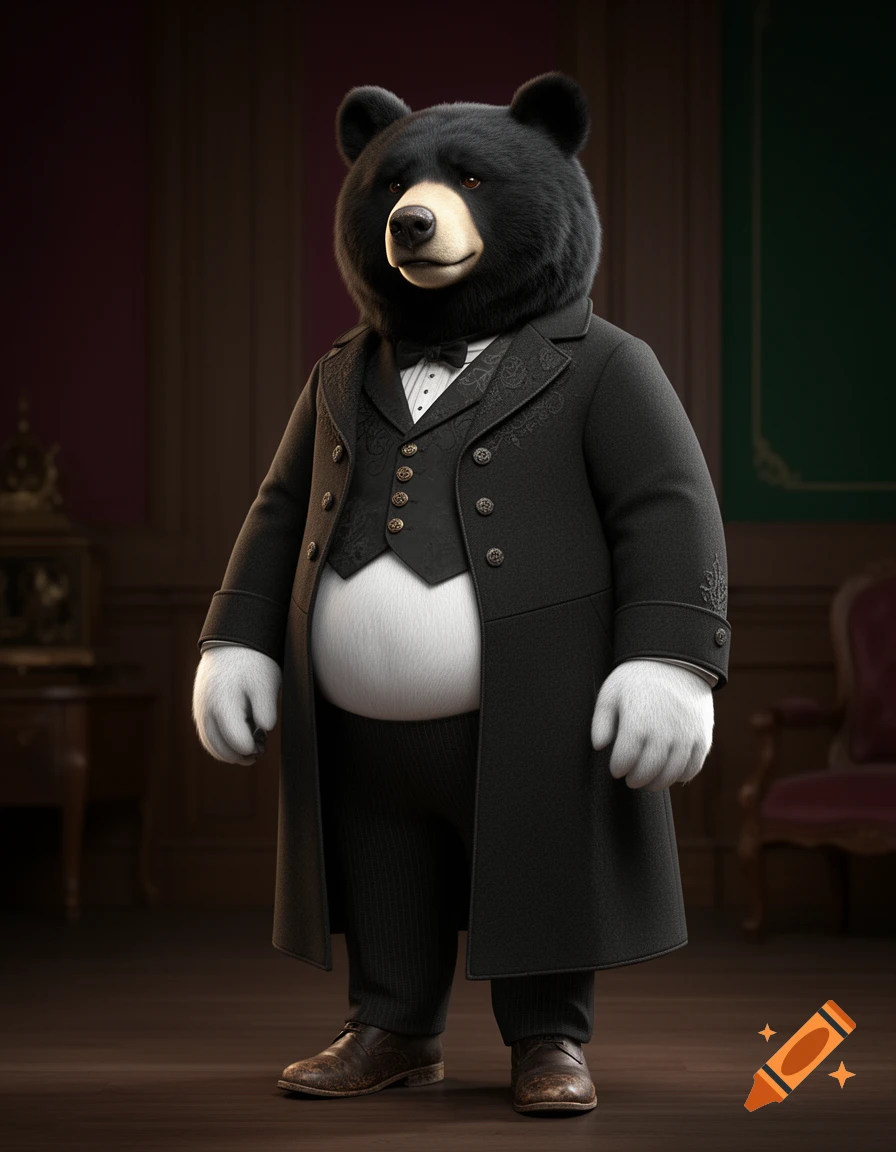 A 3D model of an obese humanoid black bear wearing a Victorian-style long coat, vest, and slacks, standing in a room.