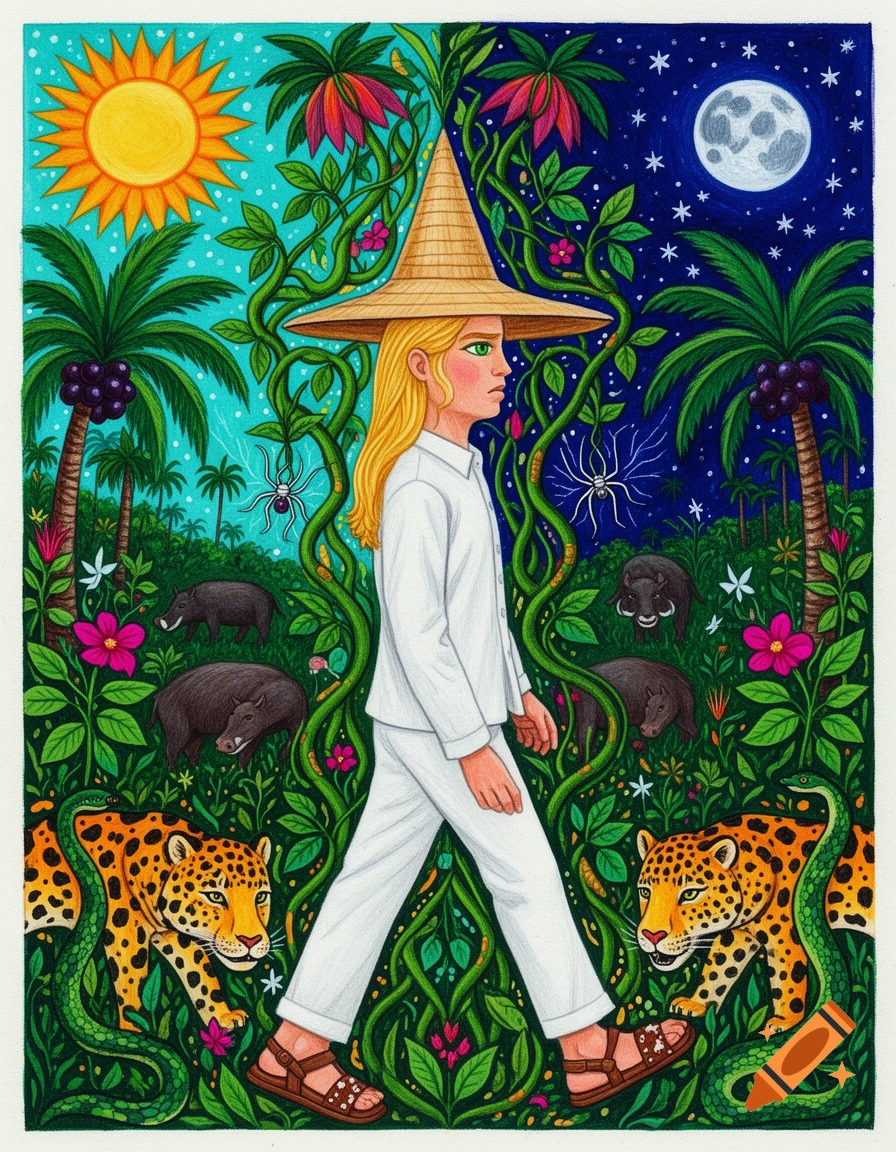 Naïve tempera painting of a blonde person in a conical hat walking through an Amazonian jungle with jaguars, sun and moon.