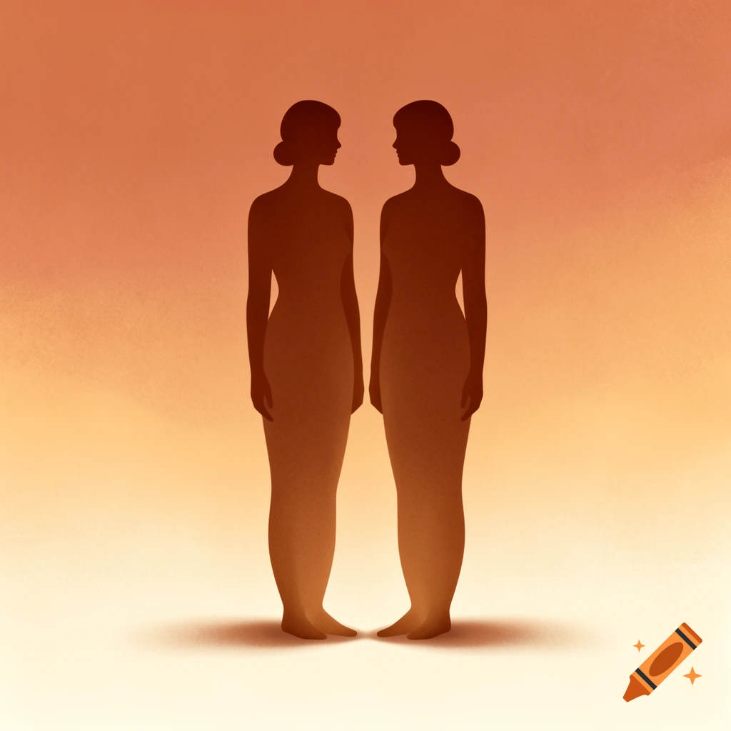 Minimalist digital illustration of two female silhouettes standing side by side against a warm gradient orange background.