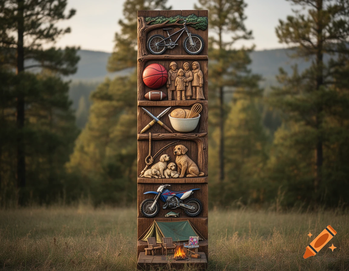 A detailed carved wooden totem pole featuring sports equipment, family figures, cooking items, dogs, vehicles, and a camping scene in a forest clearing.