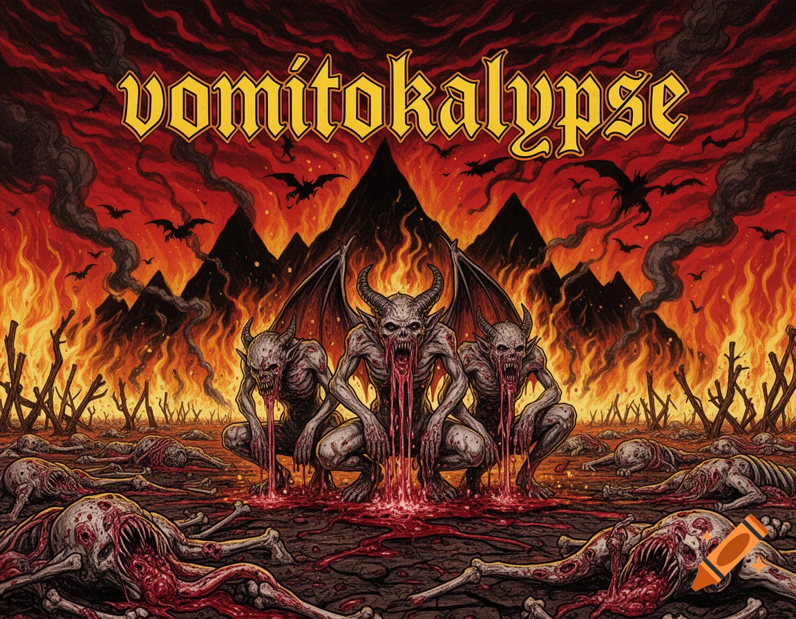 Death metal album cover illustration featuring three vomiting demons in a hellish landscape with fire, mountains, and corpses.