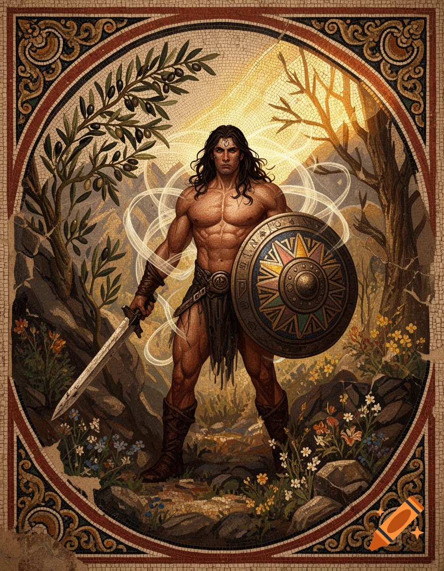 Roman mosaic style illustration of a muscular barbarian holding a sword and shield, surrounded by nature.