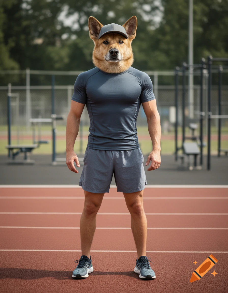 Photorealistic image of a man with a dog head wearing a grey athletic outfit and cap, standing on a running track.