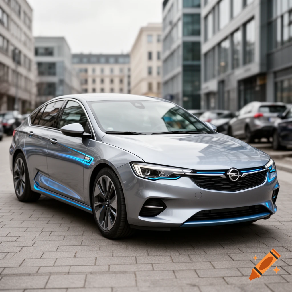 Photorealistic silver electric Opel sedan parked on a city street with blue glowing accent lines.