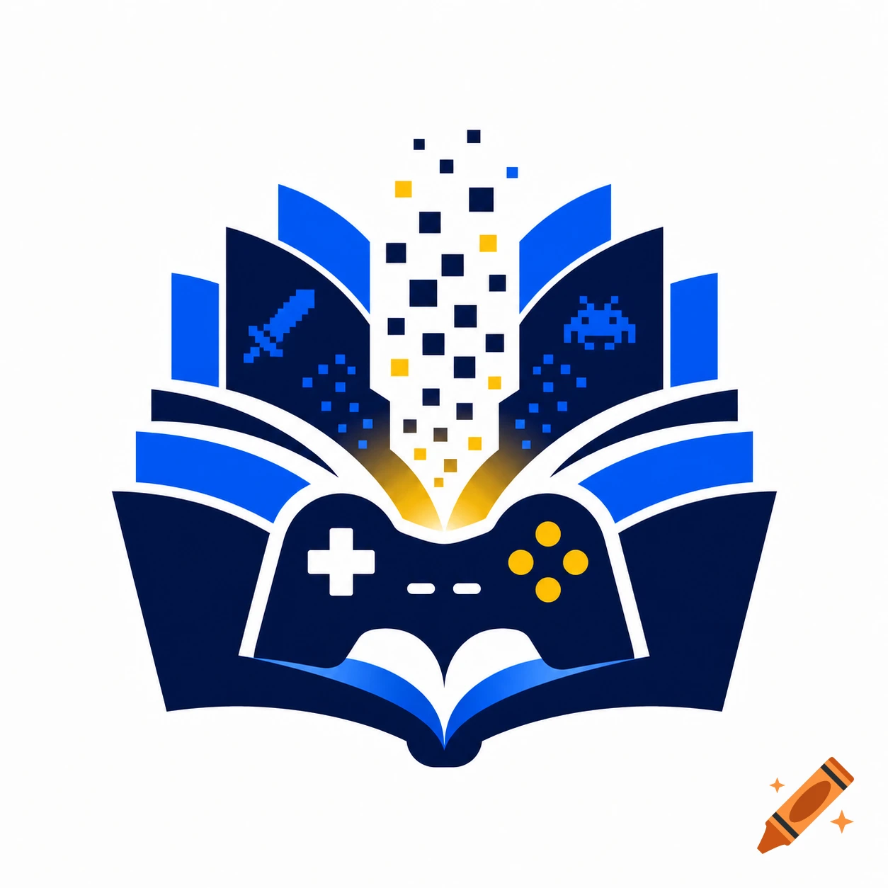 Logo of an open book with video game elements like a controller, pixel art sword, and alien emerging in blue and yellow.