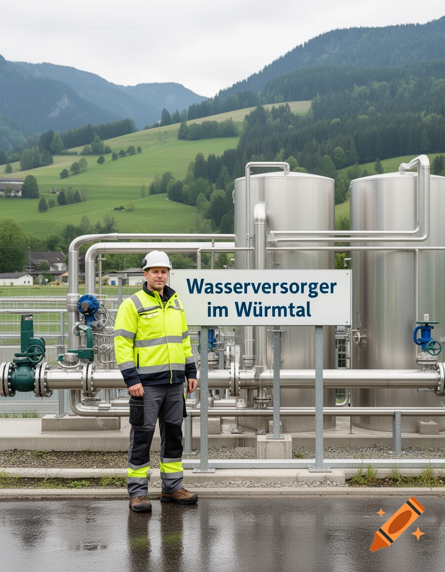 Photorealistic image of a worker in high-visibility jacket standing in front of industrial tanks and mountains.