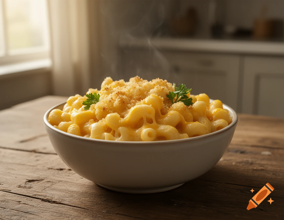 A close-up photorealistic bowl of steaming macaroni and cheese topped with breadcrumbs and parsley on a rustic wooden table.