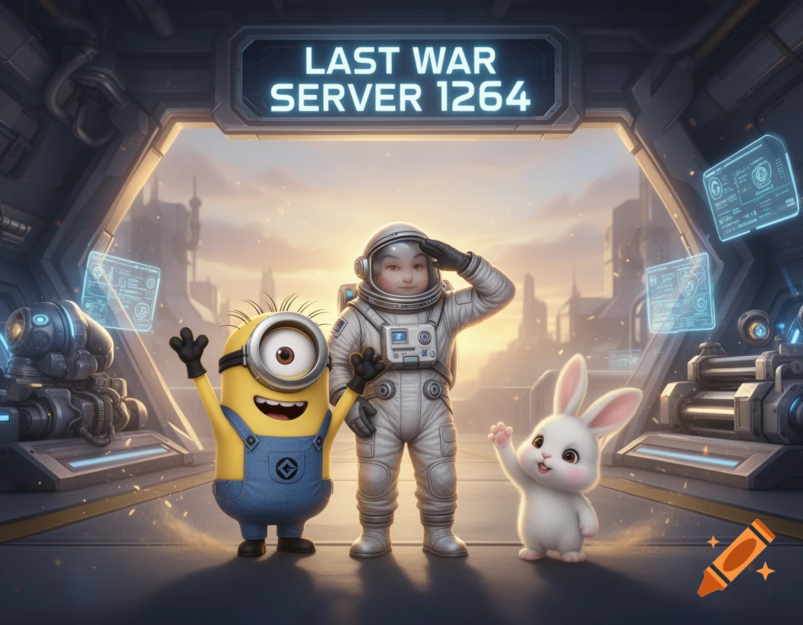 A Minion, an astronaut child saluting, and a white bunny waving inside a futuristic spaceship cockpit with a sign reading Last War Server 1264.