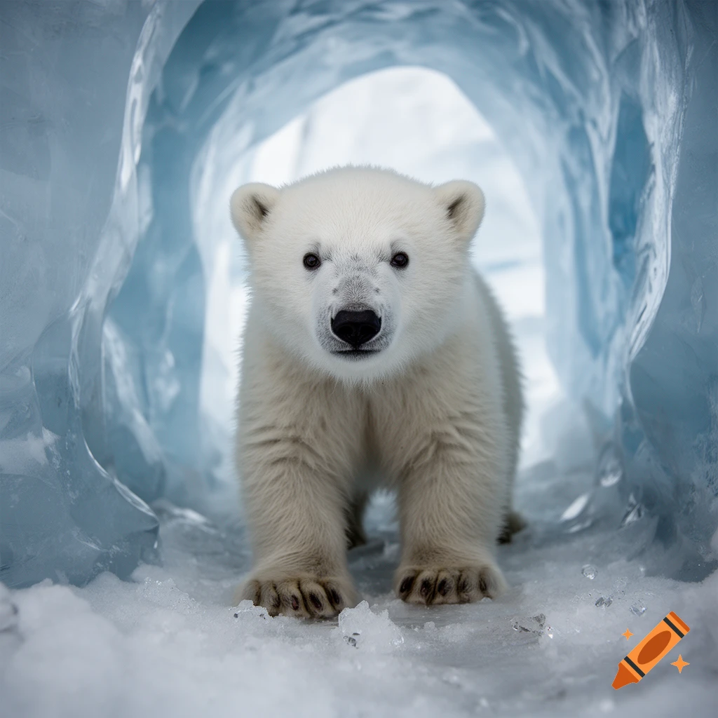 Photorealistic image of a small polar bear cub standing inside an icy cave.