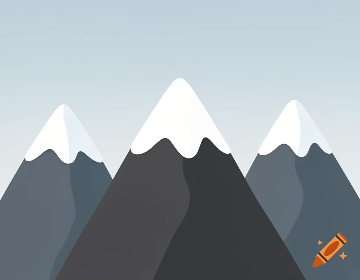 Cartoon illustration of three gray mountains with snow-capped peaks against a light blue sky.