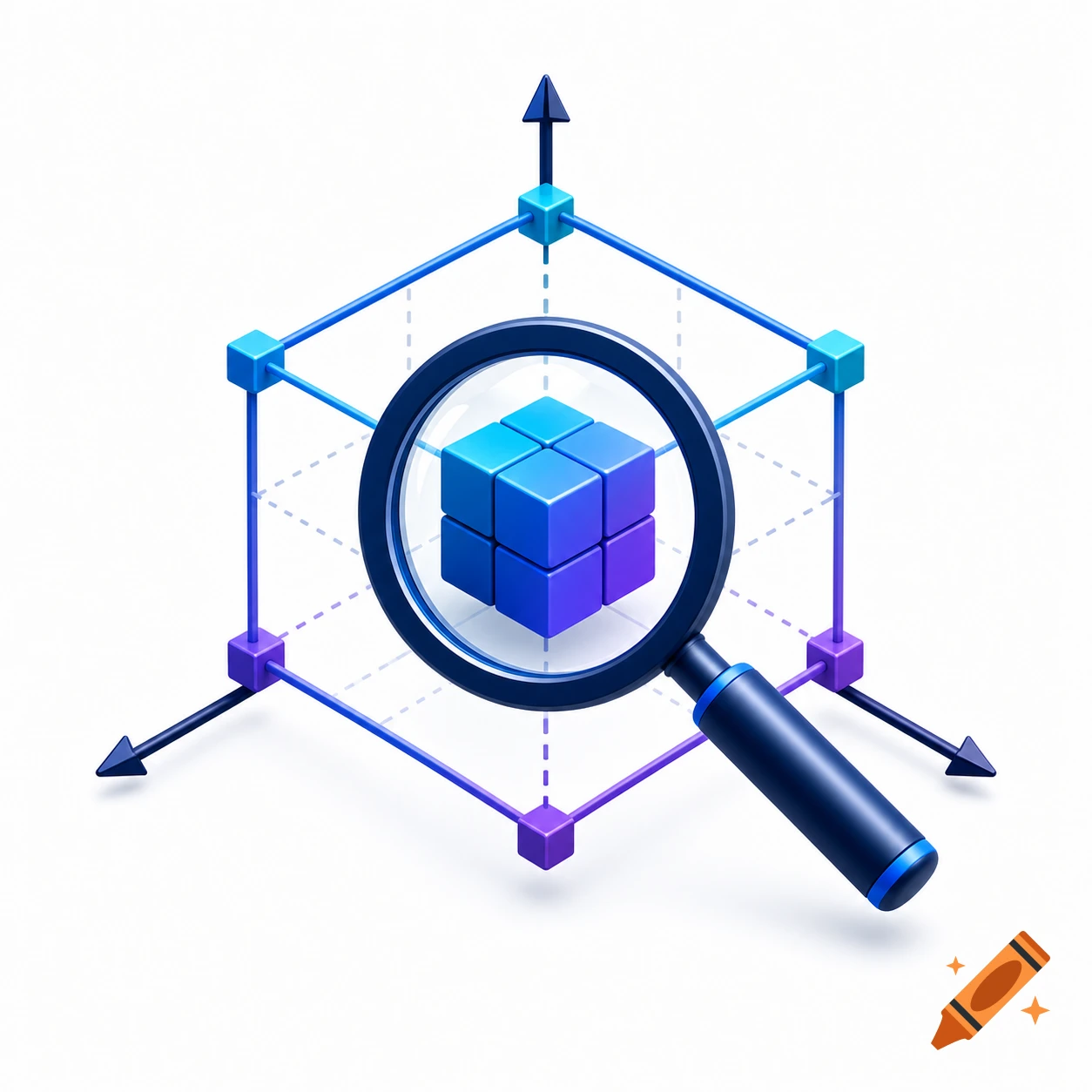 3D isometric illustration of a blue and purple wireframe cube with a magnifying glass in front.
