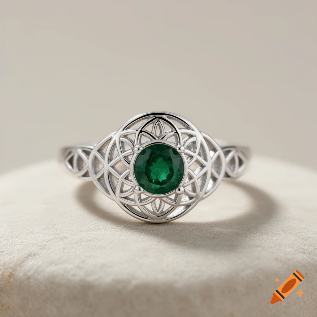 Close-up photorealistic product shot of a slender white gold seed of life ring with a vibrant green emerald stone resting on a light surface.