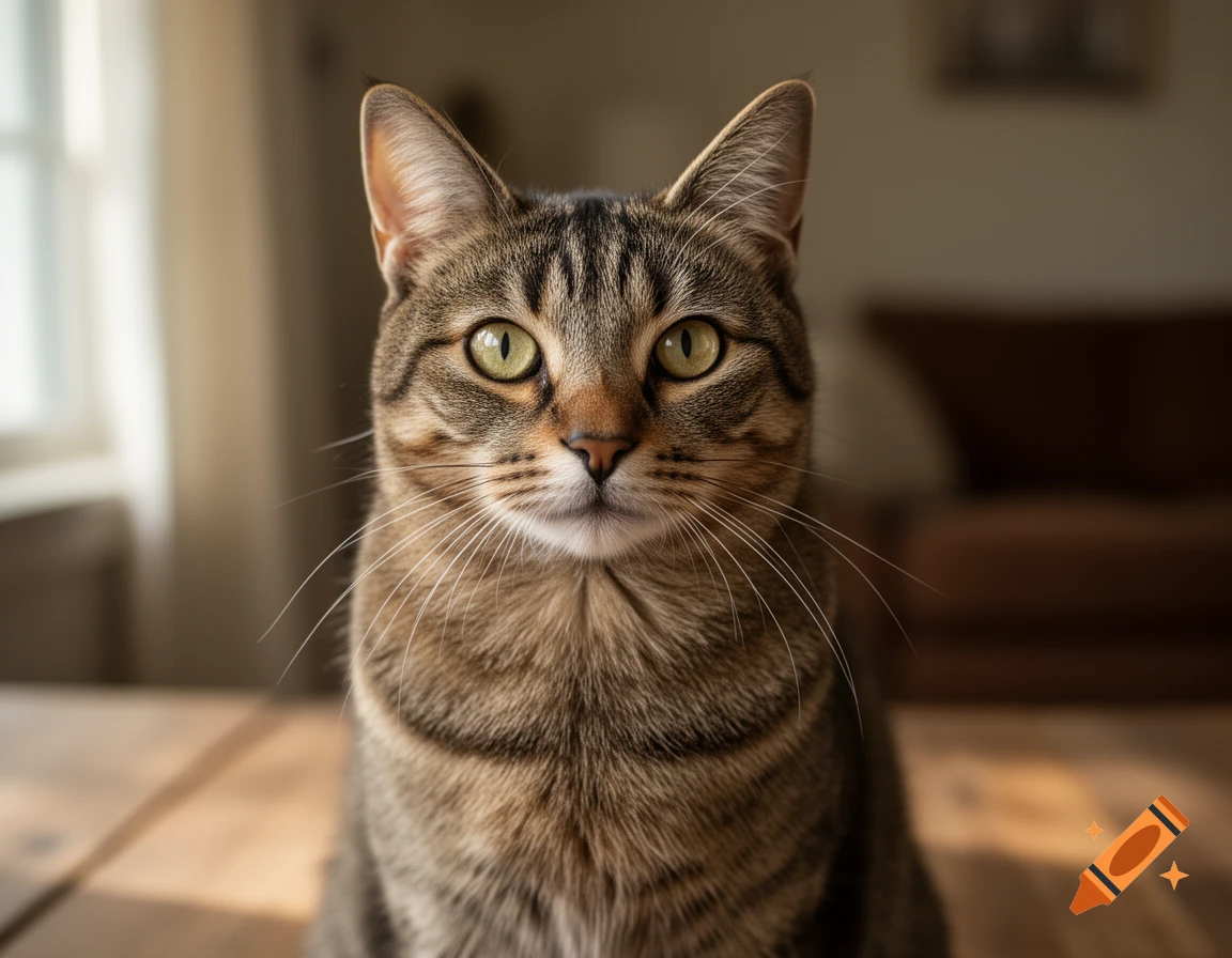 Close-up photorealistic portrait of a tabby cat looking directly at the camera indoors.