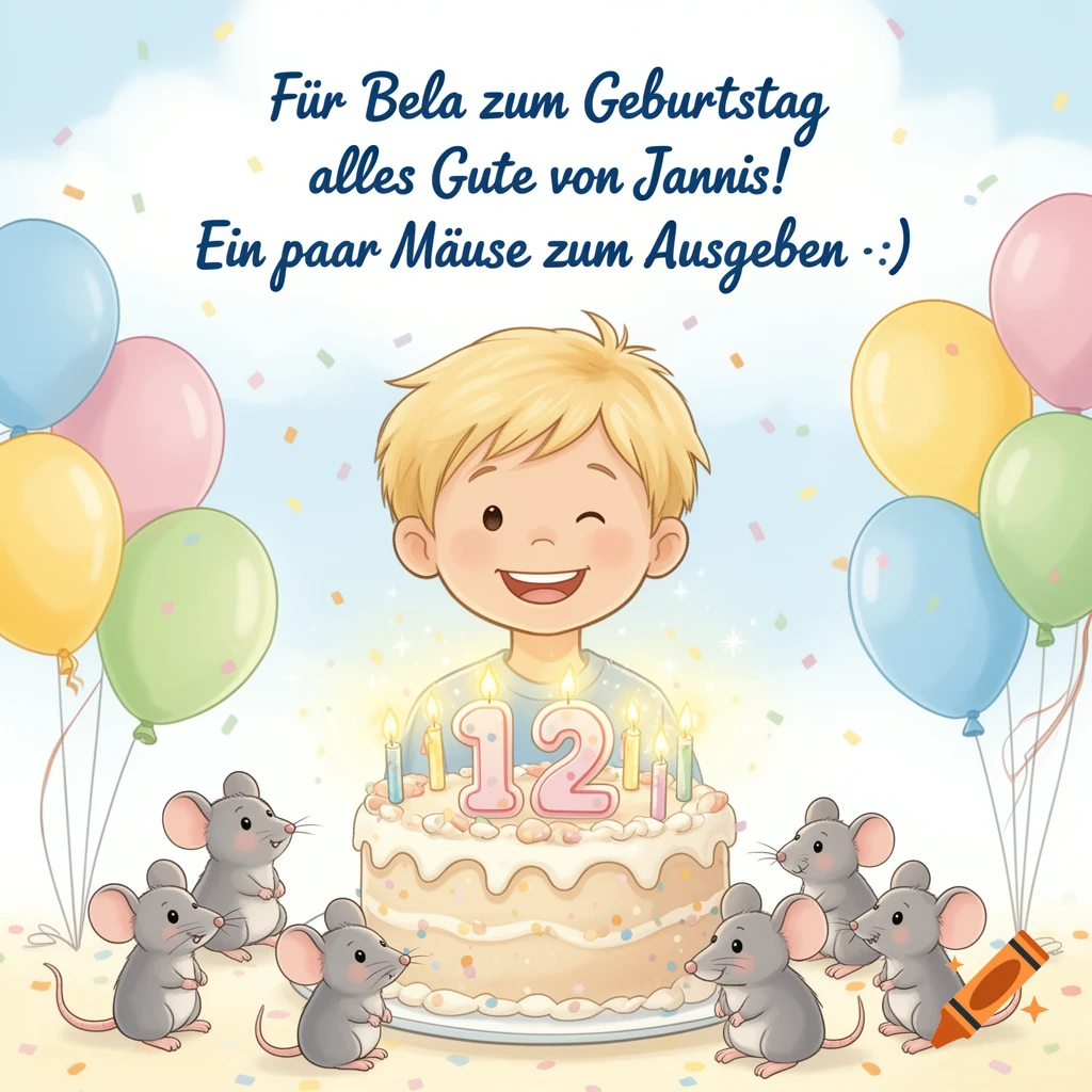 Children's book style illustration of a smiling blond boy behind a birthday cake with a number 12 candle, balloons, and cute mice.