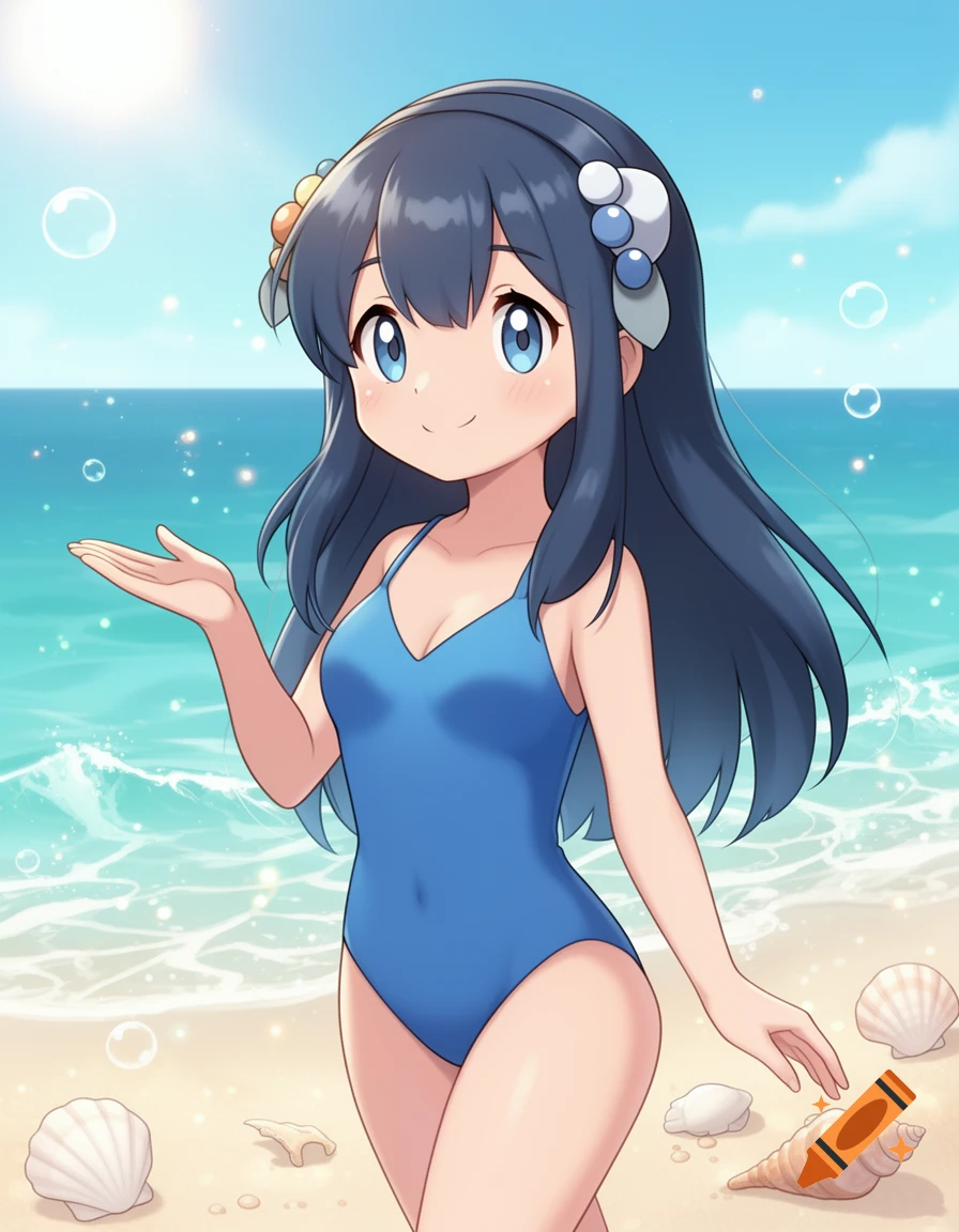 Anime style illustration of Lana from Pokemon in a blue one-piece swimsuit on a sunny beach with seashells.