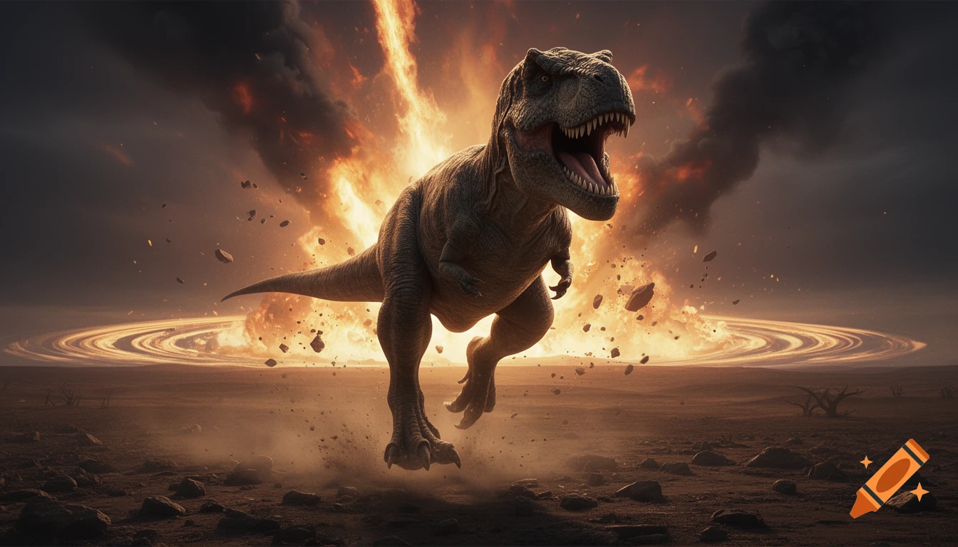 A T-Rex running away from a massive explosion and burning comet impact in a desolate landscape, photorealistic.