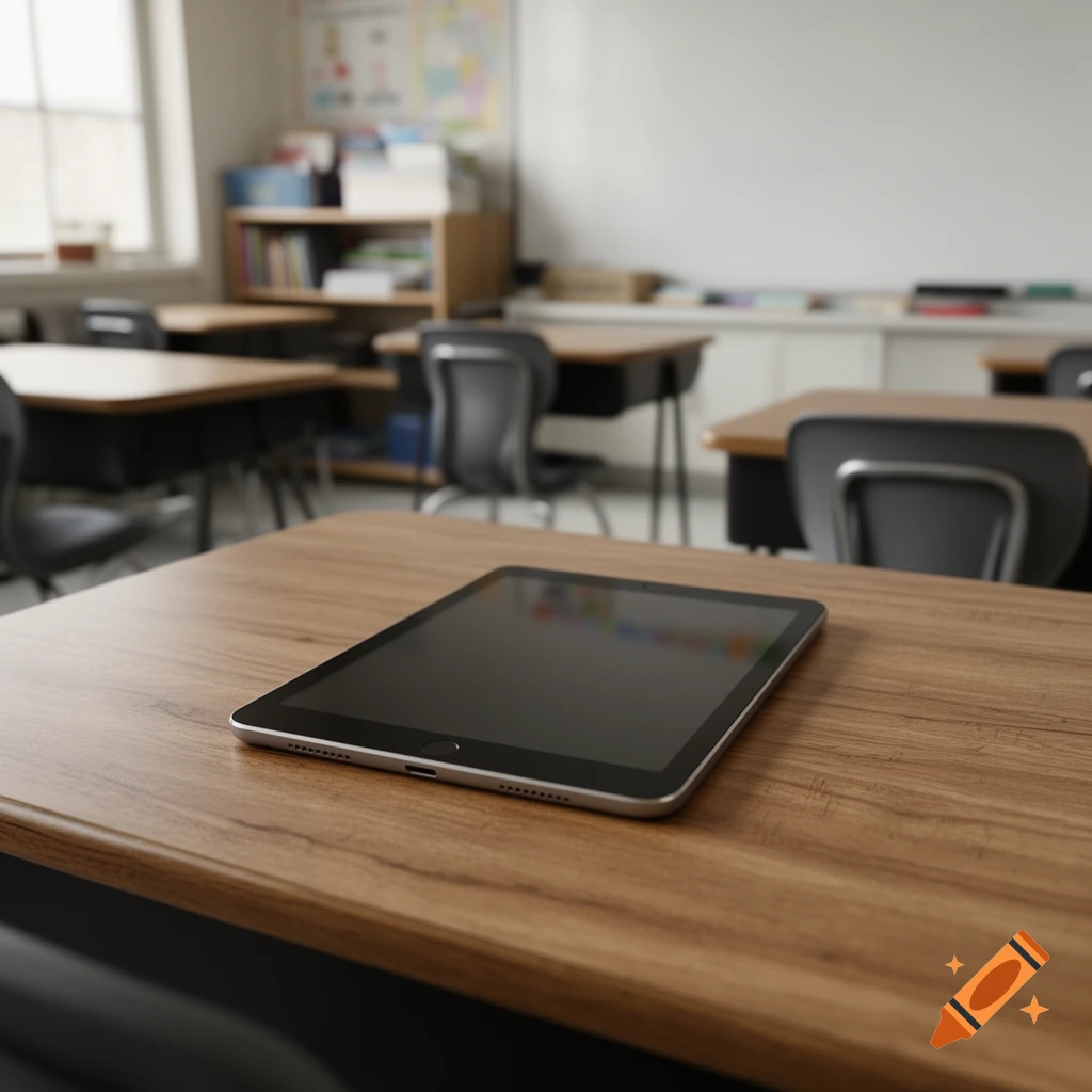 Photorealistic image of a tablet resting on a wooden desk inside an empty classroom.
