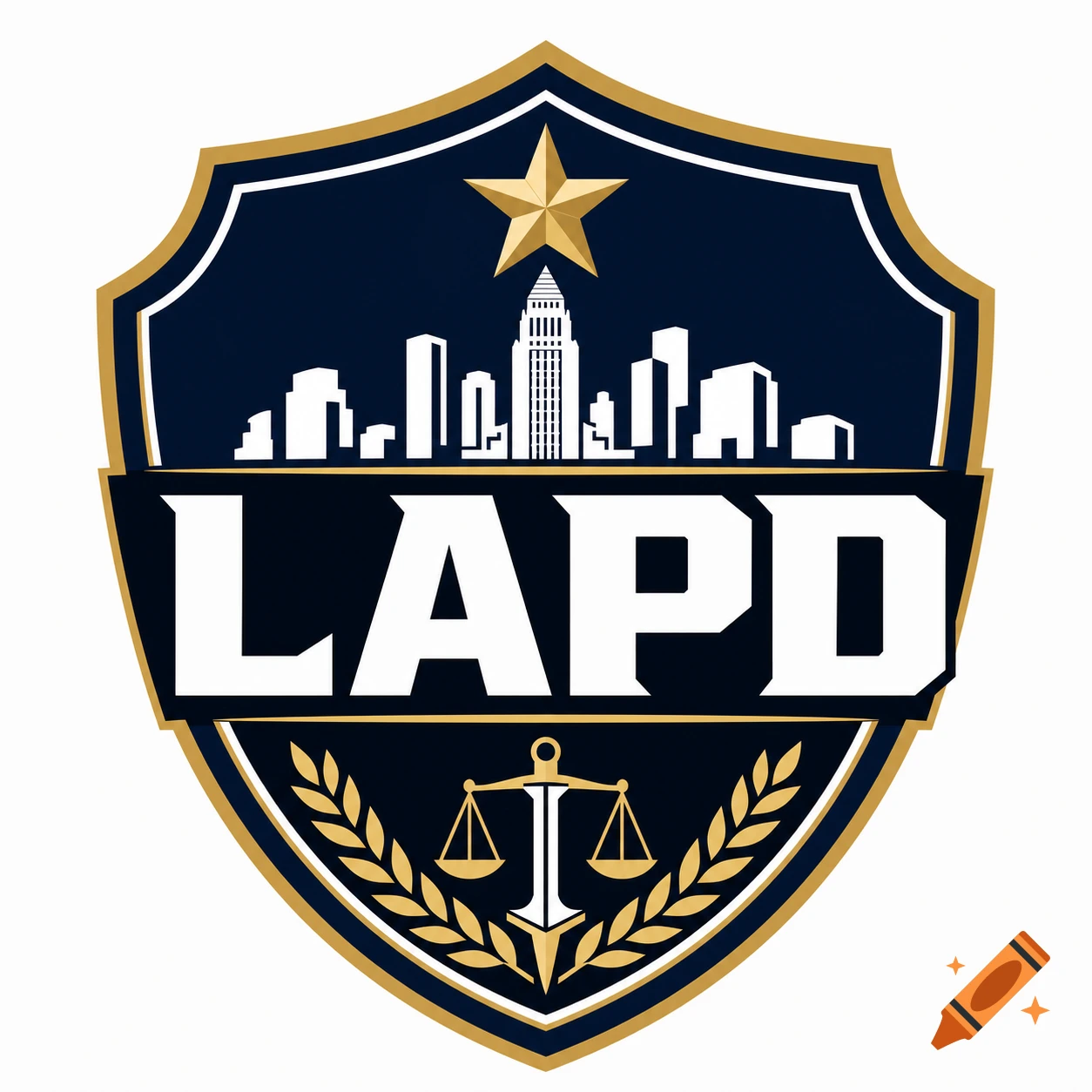 An LAPD police badge logo featuring a navy blue shield with gold trim, a cityscape, a star, and a scales of justice symbol.
