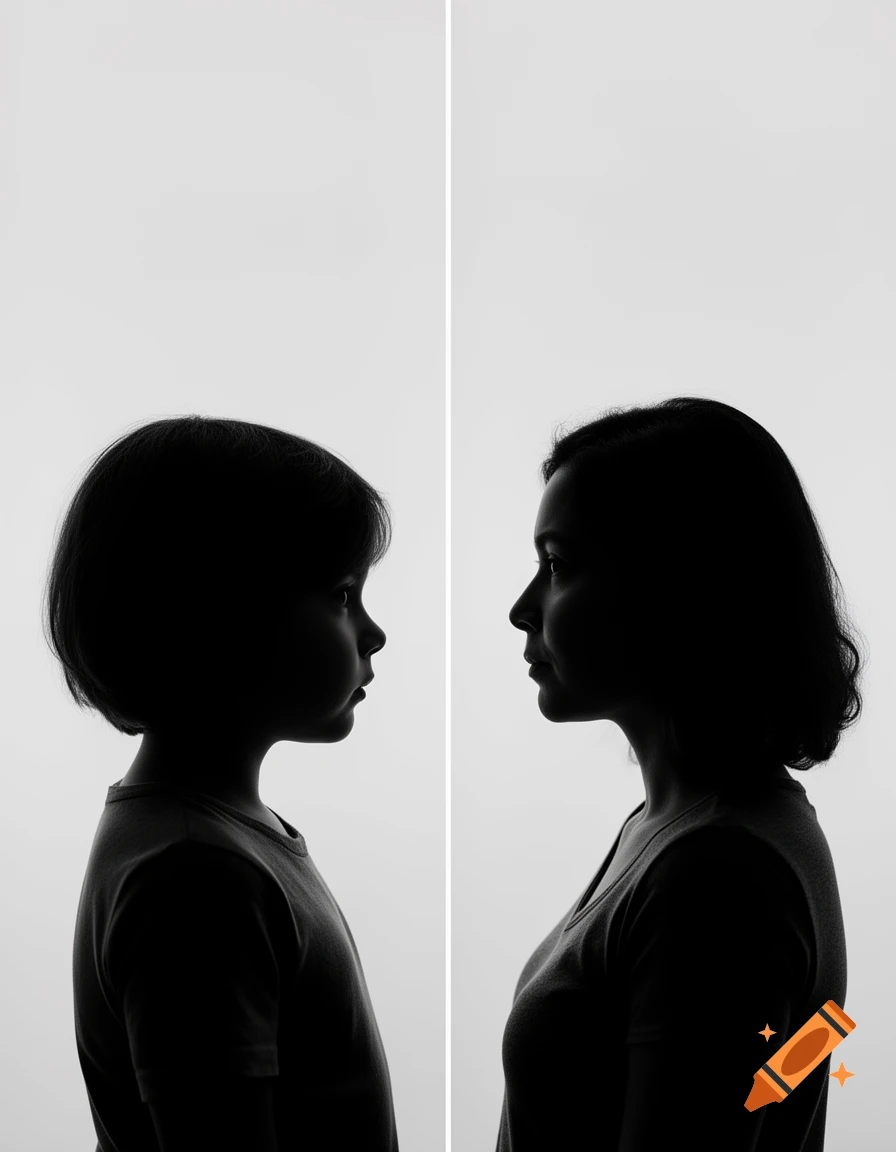 Black and white side profile silhouettes of a child turning into an adult, split vertically.