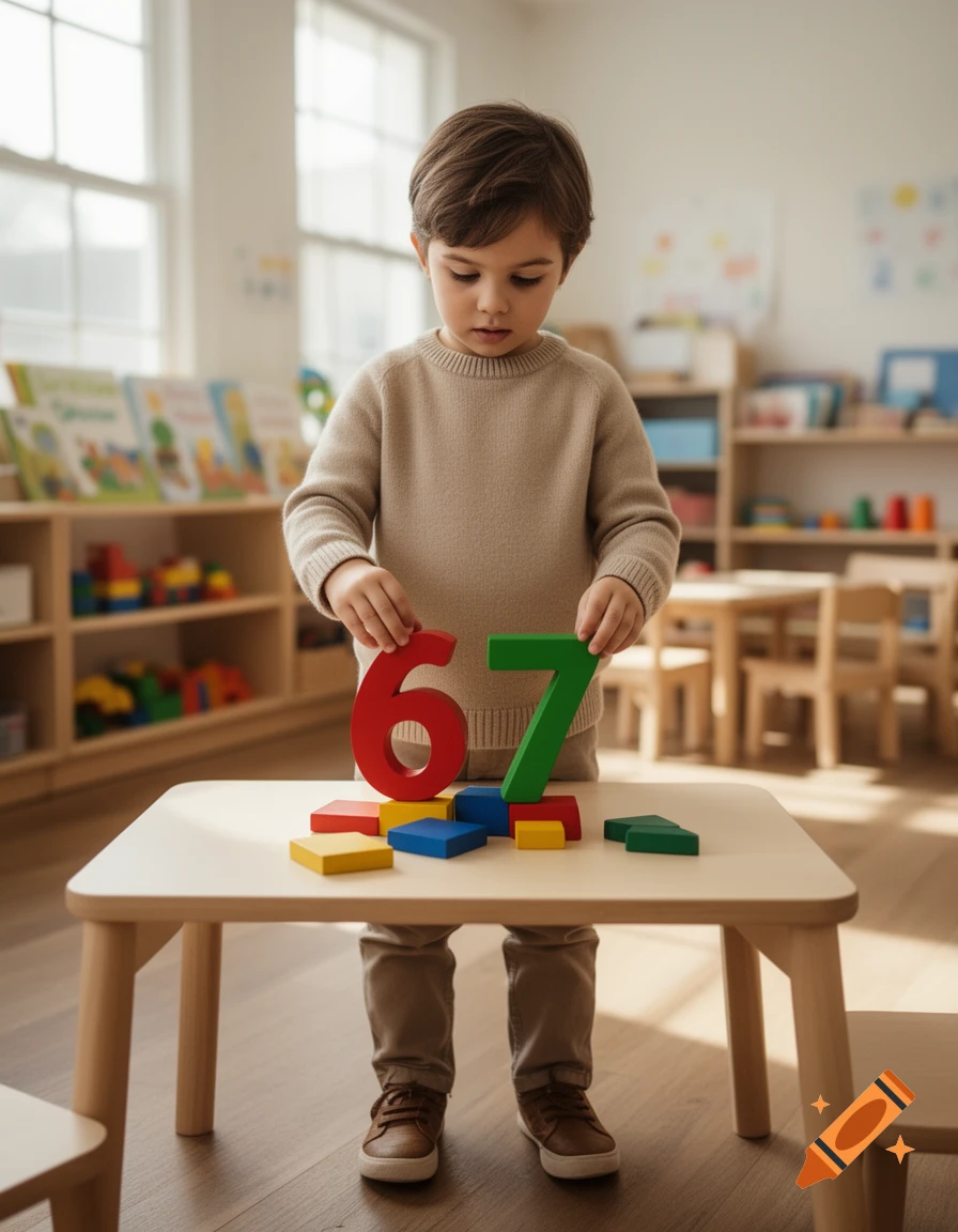 Photorealistic image of a young boy standing at a small table, holding up wooden numbers 6 and 7 in a bright classroom.