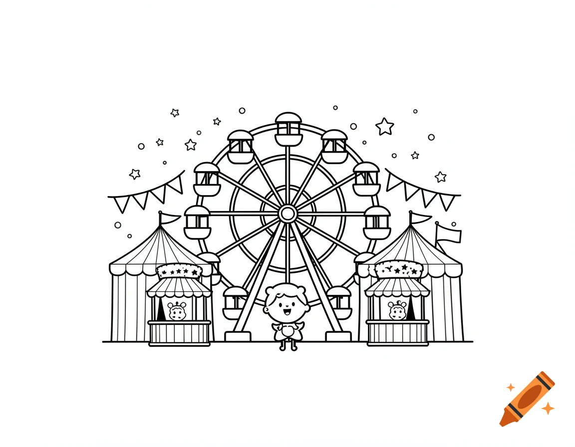 Simplified black and white line drawing of a carnival with a Ferris wheel, tents, and a character standing in the center.