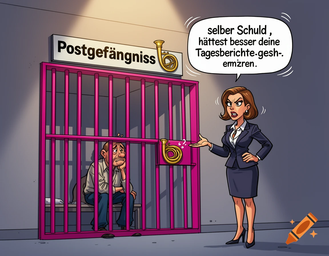 Comic illustration of a man sitting in a magenta jail cell while an angry woman in a suit scolds him.
