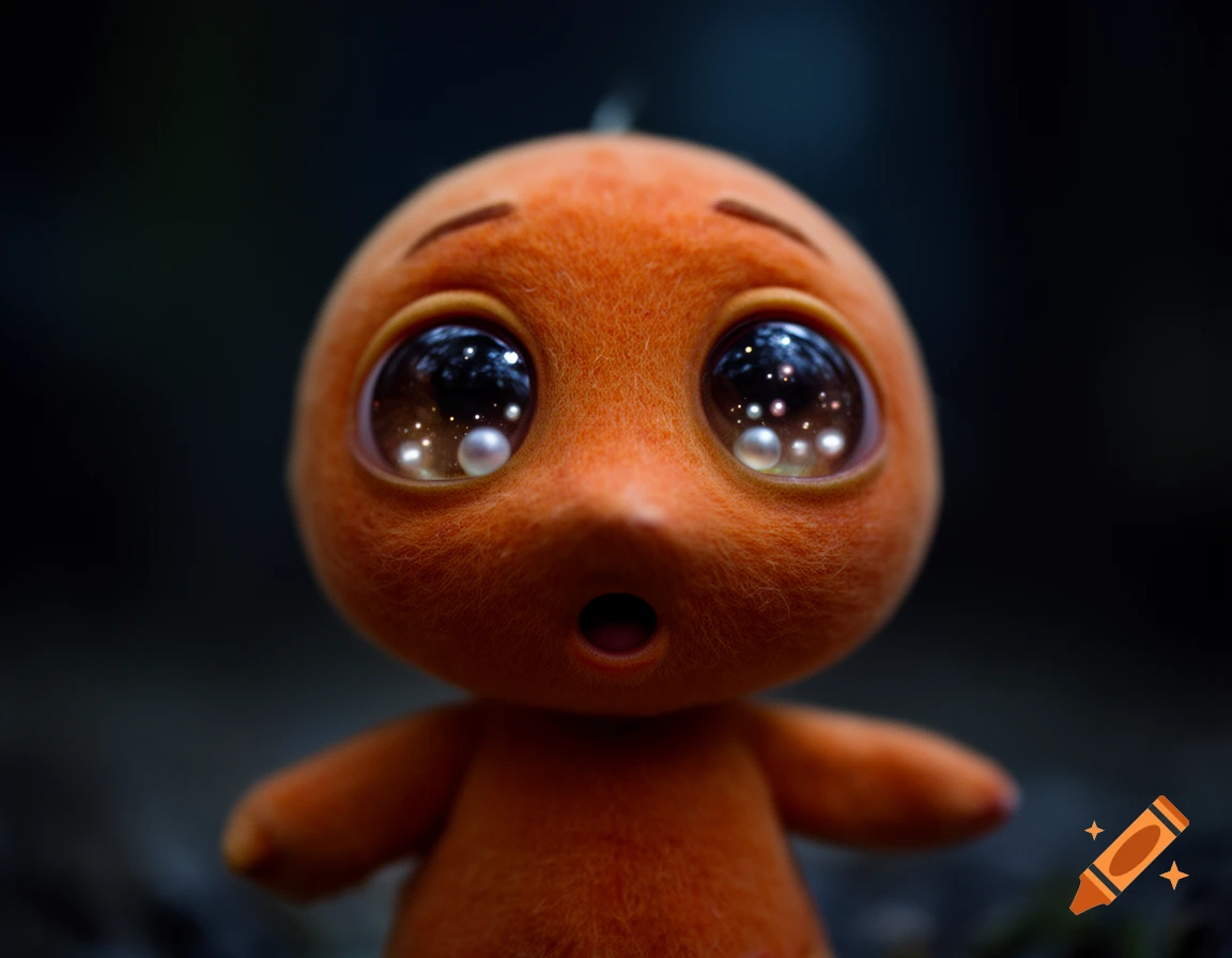 Close-up of a small, fuzzy, orange creature with large, glossy eyes filled with pearl-like reflections, set against a dark background.