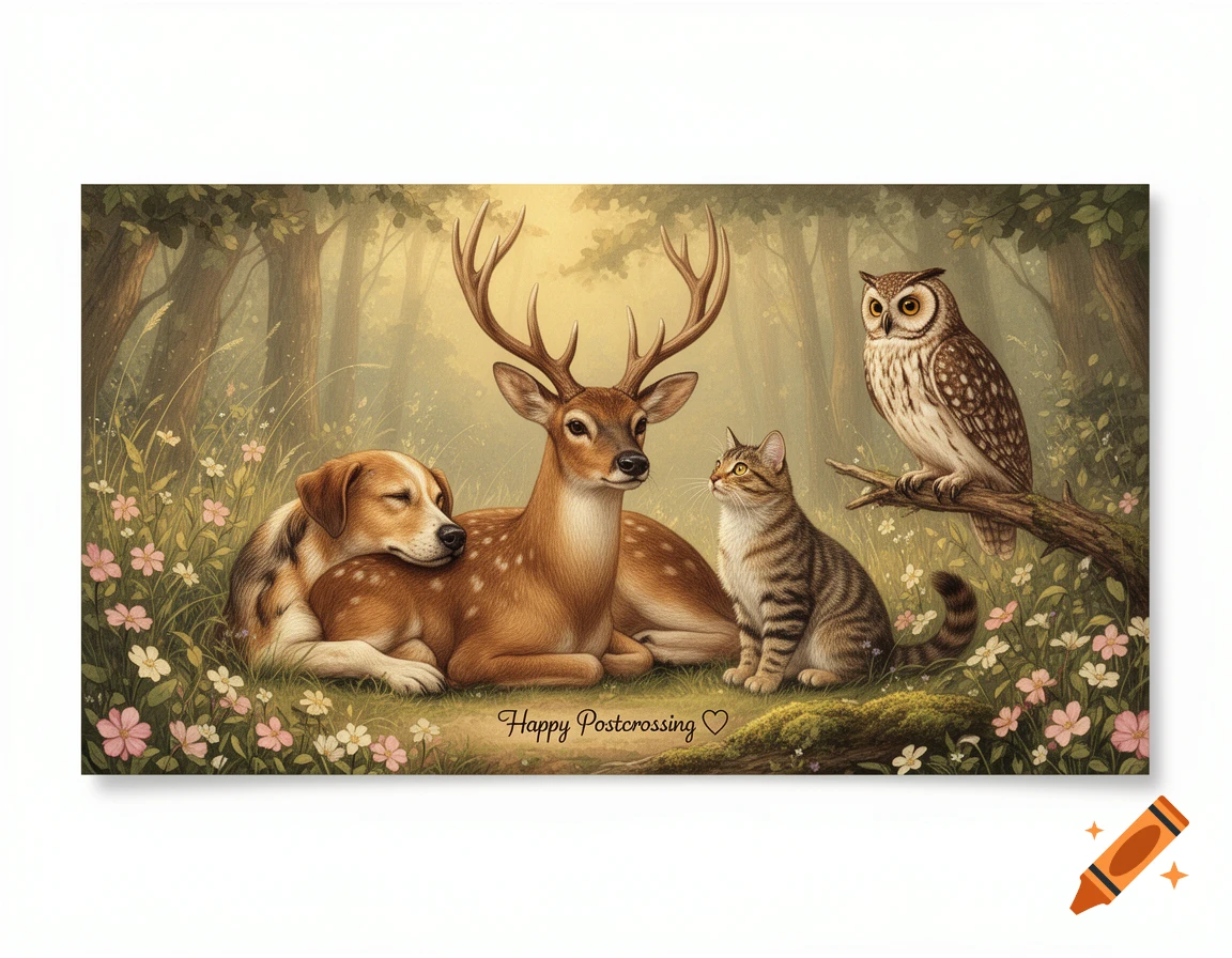Vintage illustration of a dog, a deer, a cat, and an owl together in a serene forest.