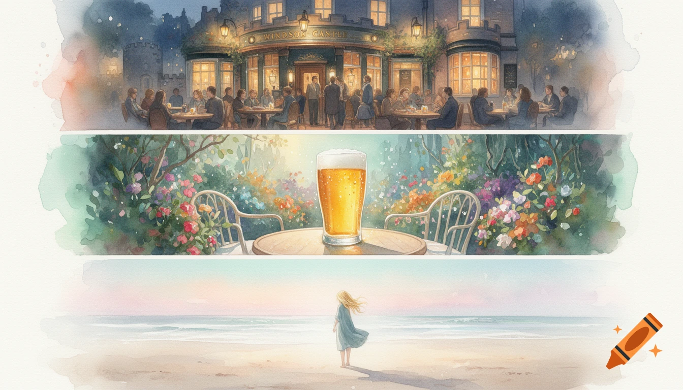 A soft watercolor painting in three sections showing a busy pub, a cold beer on a patio, and a lone figure on a beach.